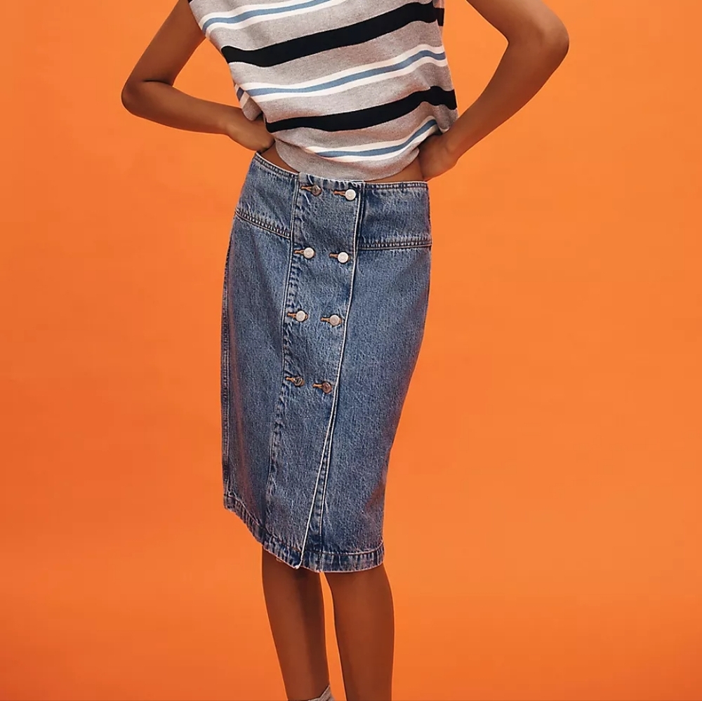 Etica Lea Denim High Waisted Skirt Button Up Skirt Size 27 Organic Cotton